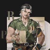 a man in a green shirt is holding a glass and a rifle