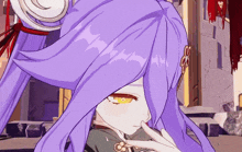 a close up of a purple haired anime character with a key in her hair