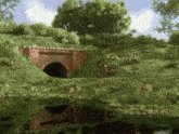 a train is coming out of a tunnel in a cartoon scene