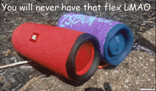 two jbl speakers laying on the ground with a caption that says " you will never have that flex lmao "