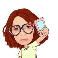 a cartoon girl with glasses and a bow on her hair holds a cell phone