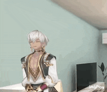 a video game character applauds in front of a television with imgplay written on the bottom