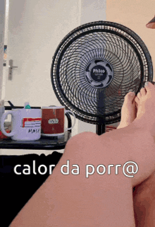 a person sitting in front of a fan with the words calor da porr @ below them