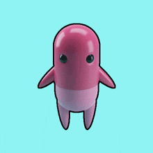 a pink cartoon character with a blue background and black eyes