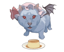 a drawing of a cat with wings looking at a plate of pudding