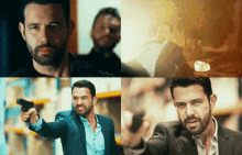 a man with a beard is holding a gun in his right hand