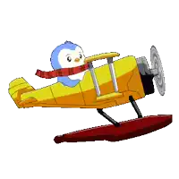 a penguin is flying in a yellow airplane with a red scarf around its neck