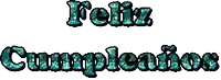 the words feliz cumpleanos are written in blue letters on a white background