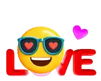 a smiley face wearing sunglasses with hearts in its eyes and the word love