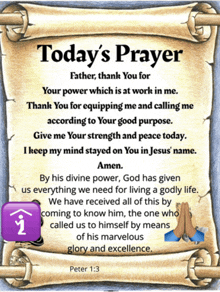 a scroll that says today 's prayer on top of it