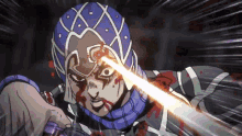 a cartoon character with blood on his face is holding a lightning bolt