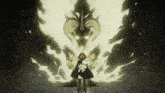 a drawing of a woman holding a baby in front of a demon with horns
