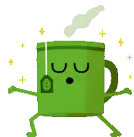 a green mug with arms and legs is holding a tea bag with a leaf on it .