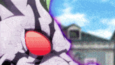 a close up of a cartoon character 's face with a large red eye