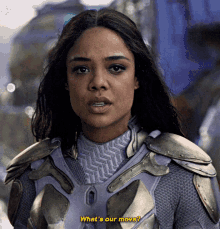 a woman in armor is asking what 's her move
