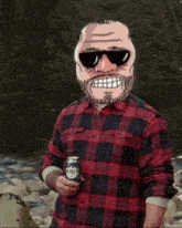 a man in a plaid shirt is holding a can of busch