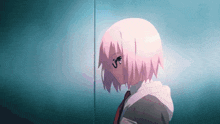 a pink haired anime girl is standing next to a wall .