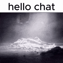 a black and white photo of a pile of rocks with the words hello chat above it