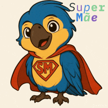 a cartoon drawing of a bird wearing a cape with sm on its chest