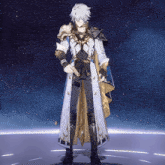 a man in a white coat and gold armor stands in front of a starry sky