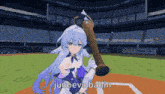 a girl with purple hair is holding a baseball bat and the words junoeva ballin are visible