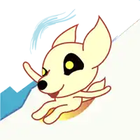 a cartoon drawing of a dog with a yellow eye and a black nose