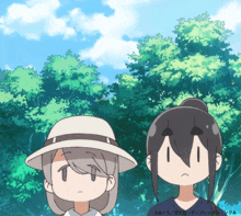 two anime characters are standing next to each other in front of trees with a blue sky in the background