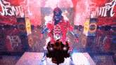 a wrestler in a red outfit is standing in front of a sign that says ' empire ' on it