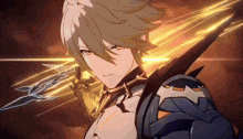 a close up of a anime character holding a sword in his hand