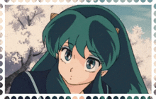 a picture of a girl with long green hair