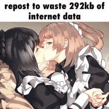 a picture of two maids kissing with a caption that says repost to waste 292kb of internet data