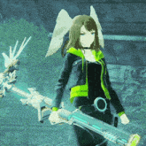 a girl with wings is holding a large sword