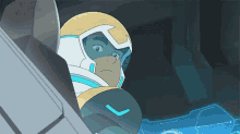 a cartoon character in a helmet is sitting in a chair .