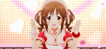 a girl in a maid outfit is waving her hands in the air