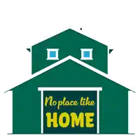 a green barn with a rainbow and the words no place like home on it