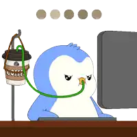 a penguin with a cup of coffee attached to its nose