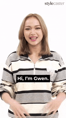 a woman wearing a striped shirt with the words hi i 'm gwen on it