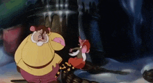 a couple of cartoon characters are standing next to each other .