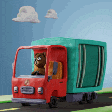 a cartoon truck with a bear driving it