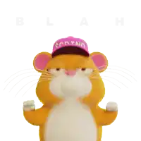a cartoon mouse wearing a pink hat with the word blah behind it