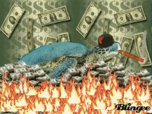 a turtle is laying on a pile of money and smoking a cigarette