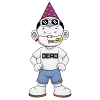 a cartoon character wearing a shirt that says dead and a party hat