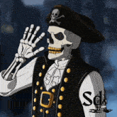 a cartoon of a skeleton wearing a pirate hat with a skull and crossbones on it