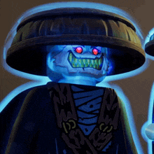 a lego figure with red eyes and a black hat with a skull on it