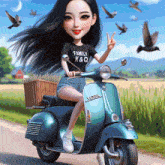 a girl on a vespa scooter with a family x & q shirt on
