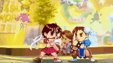 a pixel art of two girls fighting in front of a sign that says " smash world "