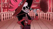 a cartoon character with a skull on his hat holding a phonograph