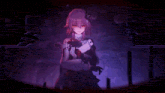 a girl with red eyes and purple hair is standing in a dark room