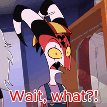 a cartoon character with horns and the words wait what