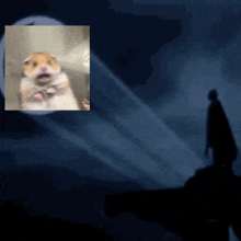 a picture of a hamster with its mouth open and a man standing behind it